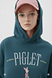 Piglet Baskılı Petrol Mavisi Kapüşonlu Kanguru Cepli Bol Kesim Sweatshirt