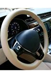 Renault Megane 2 Uyumlu   Dikmeli Deri Direksiyon Kılıfı Esnek Kokusuz Bej Renk