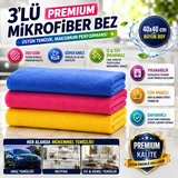 Profesyonel Mikrofiber Cam Bezi 3'lü Set | Cam, Ayna ve Parlak Yüzey Temizlik Bezi
