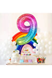 9 Rakamı Gökkuşağı Rengarenk Folyo Balon 76cm 34" Helyuma Uygun Parti Balonu