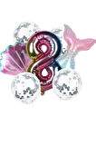 Deniz Kızı Kuyruk Gümüş Pul Gökkuşağı Rakam Folyo Balon Seti 8 Yaş