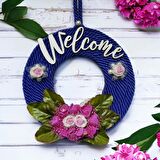 Pembe Güllü Welcome Yazılı Lacivert Kapı Süsü