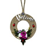 Welcome Yazılı Kapı Süsü Fuşya Krem Çiçekli Uğur Böcekli 21 Cm Kapı Süsü