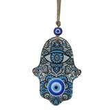 Dantel Motifli Cam Hamsa Eli Duvar Dekoru - Nazar Boncuklu Jüt İpli Süs 10x15 cm