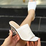 MokaShopin Akva Beyaz Triko Şeffaf Topuklu Terlik