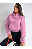 Crop kapşonlu 3 iplik şardonlu şeker pembe sweatshirt
