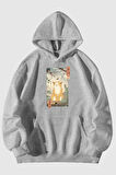 Mutlu Kedi Baskılı Unisex Siyah Kanguru Cepli Kapüşonlu Sweatshirt Hoodie | S