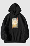 Mutlu Kedi Baskılı Unisex Siyah Kanguru Cepli Kapüşonlu Sweatshirt Hoodie | M
