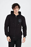 Erkek Kapüşonlu Baskılı Fermuarlı Hırka - Siyah