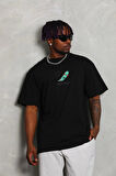 Unisex Oversize Baskılı Bisiklet Yaka T-Shirt - Siyah