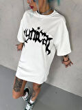 Unisex Bisiklet Yaka Baskılı Oversize T-Shirt - Beyaz