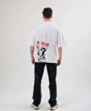 Unisex Bisiklet Yaka Baskılı Oversize T-Shirt - Beyaz