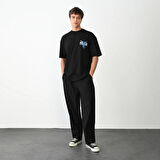 Unisex Bisiklet Yaka Baskılı Oversize T-Shirt - Siyah