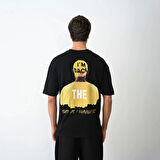 Unisex Bisiklet Yaka Baskılı Oversize T-Shirt - Siyah