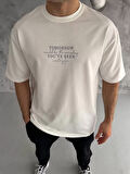 Unisex Bisiklet Yaka Baskılı Oversize T-Shirt - Beyaz