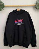 Baskılı Üç İplik Kapüşonlu Oversize Sweatshirt - Siyah