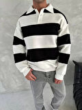Unisex Üç İplik Parçalı Yakalı SweatShirt - Siyah