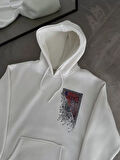 Uzun Kol Kapüşonlu Ön Ve Arka Baskılı SweatShirt - Beyaz