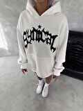 Unisex Üç İplik Kapüşonlu Baskılı SweatShirt - Beyaz
