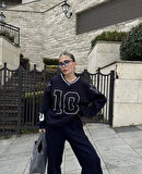 V Yaka Üç İplik Sweat Takım - Siyah