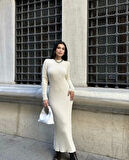 Bisiklet Yaka Fitilli Uzun Elbise - Beyaz