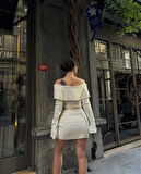 Straplez , Madonna , Carmen Yaka Croplu Mini Etekli ikili Takım Triko - Beyaz