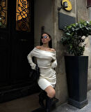 Straplez , Madonna , Carmen Yaka Croplu Mini Etekli ikili Takım Triko - Beyaz