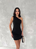Tek Omuzlu Kolsuz Mini Boy Elbise - Siyah