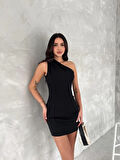 Tek Omuzlu Kolsuz Mini Boy Elbise - Siyah