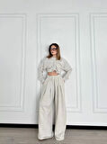 Uzun Kollu Önü İp Büzgülü Crop ve Pantolon İkili Takım - Gri