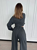 Uzun Kollu Önü İp Büzgülü Crop ve Pantolon İkili Takım - Antrasit