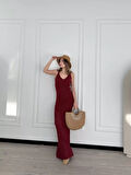 Örgülü Uzun Triko Elbise - Bordo