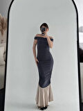 Striptiz Omuzlu Uzun Elbise- Füme