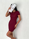 Kadın Bisiklet Yaka Kısa Kol Likralı Elbise - Bordo