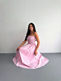 Straplez Pileli Elbise - Pembe