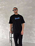 Ön ve Arka Baskılı Oversize Bisiklet Yaka T-shirt- Siyah