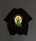 Ön ve Arka Baskılı Oversize Bisiklet Yaka T-shirt- Siyah