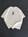 Baskılı Oversize Bisiklet Yaka T-shirt - Beyaz