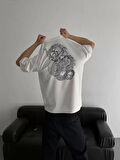 Baskılı Oversize Bisiklet Yaka T-shirt - Beyaz