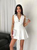 Göğüs Bağlamalı Kolsuz Mini Boy Elbise - Beyaz