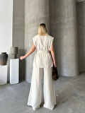 Keten Sıfır Kol Kuşaklı Ceket Pantolon ikili Takım - Beyaz