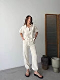 Keten Tam Fermuarlı Kısa kollu Gömlek Pantolon ikili Takım - Beyaz