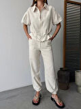 Keten Tam Fermuarlı Kısa kollu Gömlek Pantolon ikili Takım - Beyaz