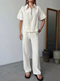 Keten Tam Fermuarlı Kısa kollu Gömlek Pantolon ikili Takım - Beyaz
