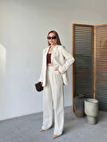 Keten Ceket Pantolon İlik Düğmeli Uzun Kollu Yırtmaçlı ikili Takım - Beyaz