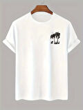 20/1 Penye Compack Palmiye Baskılı Oversize Bisiklet Yaka Kısa Kol T-shirt - Beyaz