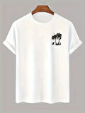20/1 Penye Compack Palmiye Ön Baskılı Oversize Bisiklet Yaka Kısa Kol Yazlık T-shirt - Beyaz