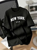 20/1 Penye Compack New York Baskılı Oversize Kısa Kol Bisiklet Yaka T-shirt - Siyah