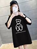 20/1 Penye Compack Ön Arka Baskılı Oversize Bisiklet Yaka T-shirt - Siyah