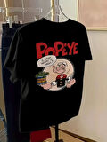 Erkek Oversize Tişörtü  Popeye the Sailor Retro Vintage Ispanak | Hediye olarak idealdir, farklı boyutları mevcuttur. - Siyah